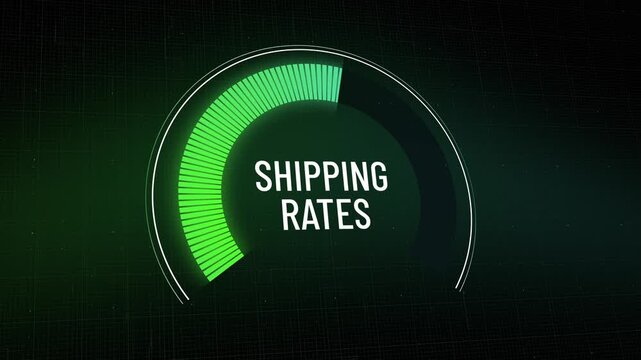 Digital gauge displays shipping rates decreasing rapidly, freight costs plummeting on dark technological background, logistics expenses falling down, improving profit margins. Copy space.