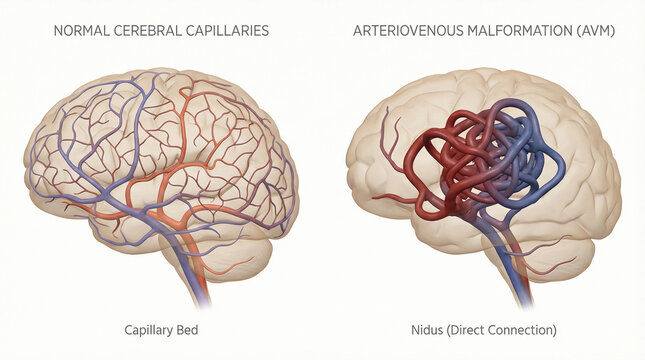 Normal Cerebral Capillaries vs Arteriovenous Malformation (AVM) Anatomy