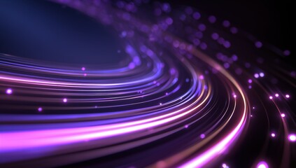 Obraz premium 3d render, abstract background with neon glowing lines in a spiral motion on a dark purple backdrop glowing dots and stripes create a sense of speed or time travel Generative AI
