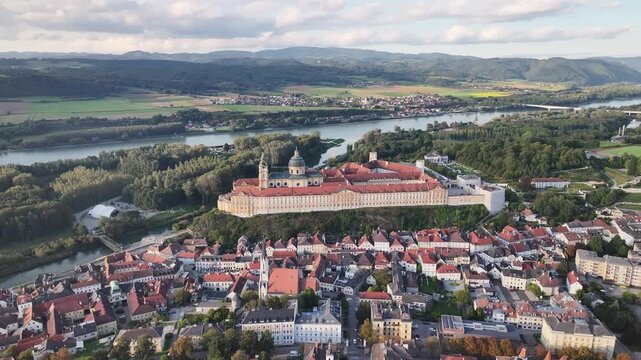 Drone aerial of Stift Melk abbey historic landmark Austria.