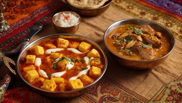 Indian cottage cheese curry with cheese cubes, spicy chicken korma, classic dish in tomato-cream sauce, metal bowl on textile-covered table.