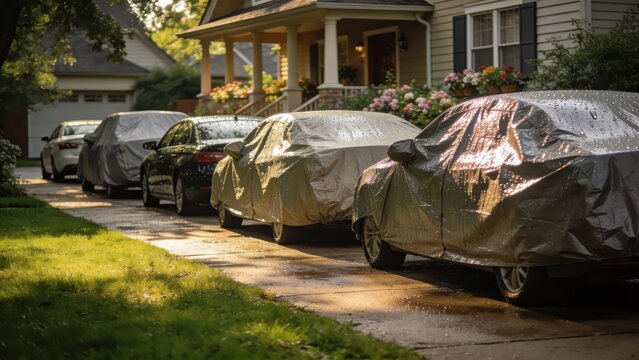 Numerous vehicles near a suburban driveway are shielded with tarps to guard against sunlight, dust, rain, or hail on a hot summer day.