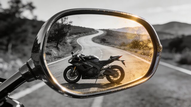 A colored motorcycle mirror stands out against a monochrome backdrop, urging us to cherish past experiences while embracing a liberated future.