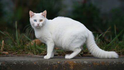 An unusual white Khao Manee cat with different colored eyes, one blue and one gold, on a concrete walkway.