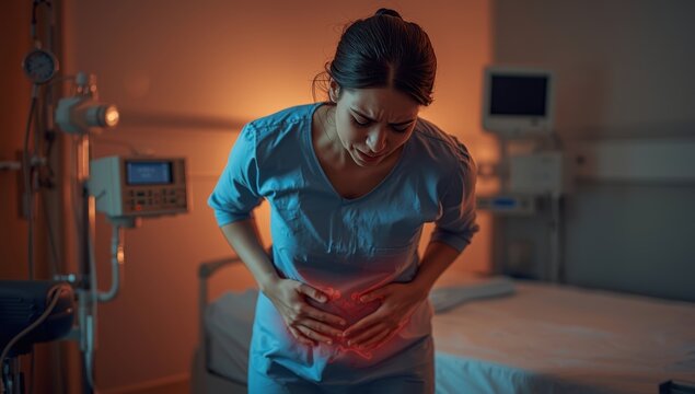 A woman clutches her stomach in pain from a severe intestinal blockage needing immediate medical attention.