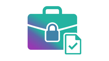 Obraz premium Business insurance quote vector icon illustration featuring a gradient briefcase with a security padlock and a verified document checkmark, symbolizing professional protection and policy approval.