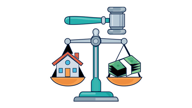Flat vector icon of a justice scale balancing a home and cash with a gavel, symbolizing property law, real estate appraisal, divorce settlement, mortgage insurance, and financial justice.