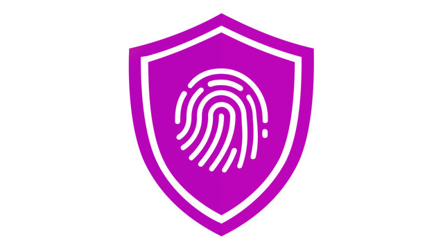 Modern vector illustration of a colorful gradient shield icon featuring a biometric fingerprint scanner, representing digital security, data protection, identity verification, and insurance.