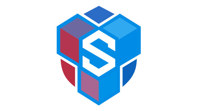 Modern 3D protection shield vector icon illustration featuring a bold letter S inside a geometric cube design with red and blue gradients, ideal for insurance, security, and safety branding.