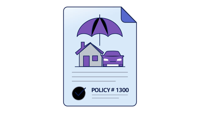 Insurance policy document vector illustration featuring a protective blue umbrella over a house and car, representing comprehensive home and auto coverage, security, and financial protection.