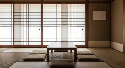 Fototapeta premium Japanese Tea Room Interior with Tatami Mats and Shoji Screens