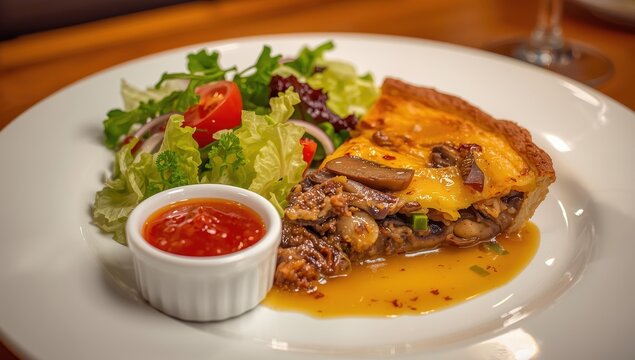 Savory quiche with beef and mushrooms, accompanied by a vegetable salad and chili sauce.