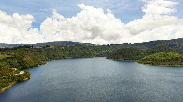 Cinematic Aerial View of Laguna Cuicocha with Cotacachi Volcano in Ecuador