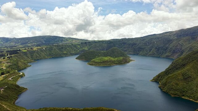 Cinematic Aerial View of Laguna Cuicocha with Cotacachi Volcano in Ecuador