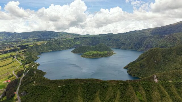 Cinematic Aerial View of Laguna Cuicocha with Cotacachi Volcano in Ecuador