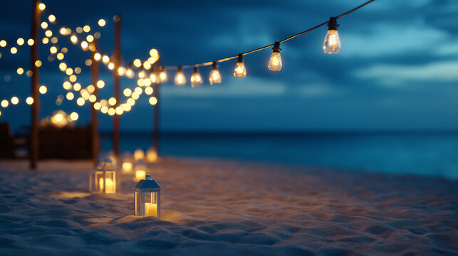 String lights and lantern decoration glowing on sandy beach at night warm bulbs over ocean vacation background with copy space. 