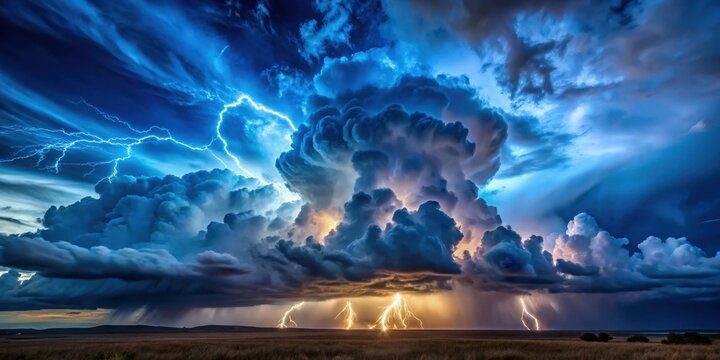 Dramatic Thunderstorm with Intense Lightning Bolts Across a Vast Expanse of Plains