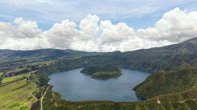 Cinematic Aerial View of Laguna Cuicocha with Cotacachi Volcano in Ecuador