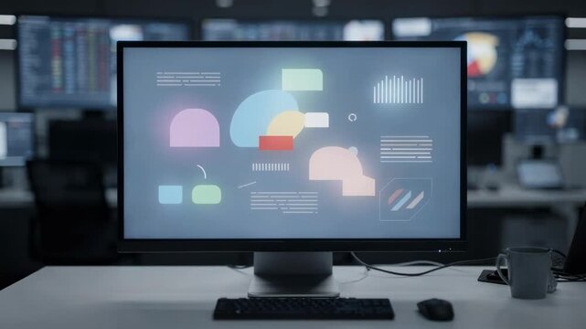 Medium shot of an institutional investment firms risk monitoring setup showcasing a central display tracking compliance alerts with outoffocus background screens and workspace.