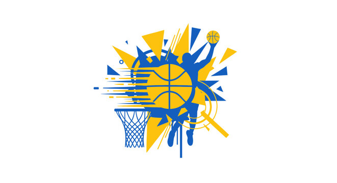 Dynamic Basketball Player Dunking with Abstract Geometric Shapes and Hoop