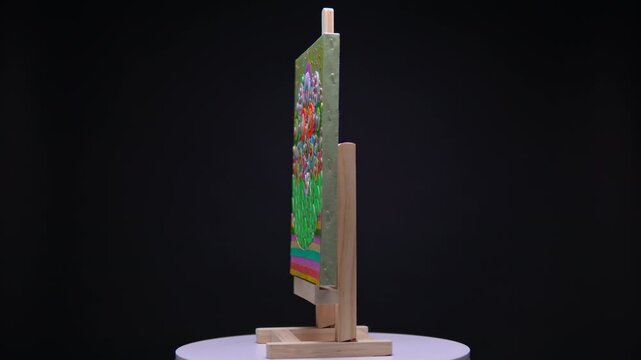 Spinning display of modern floral still life painting artwork. Shows detailed and expressive artistry aesthetic and creative ideas. Playful imaginary gardens and bouquets. Unique vibrant composition.