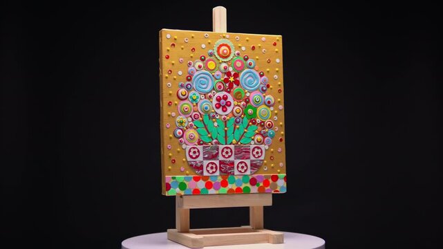 Time lapse of modern premium original fresh artwork paintings of flowers bouquets blooms, display in stop motion rotation. Textured acrylic paint in bold and vibrant colour, creative idea decoration