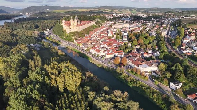 Drone aerial of Stift Melk abbey landmark Austria.