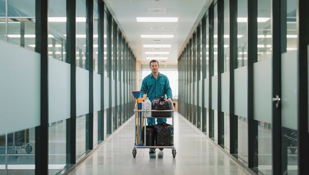 A maintenance worker in a teal uniform pushes a cart filled with cleaning supplies down a long, modern office hallway with glass walls and fluorescent lighting, ensuring the facility is clean and well