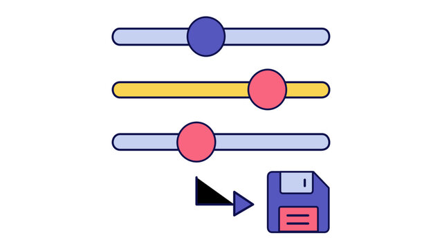 Colorful vector icon illustration of software settings or SaaS platform configuration featuring three horizontal adjustment sliders and a floppy disk save icon with a mouse cursor arrow.