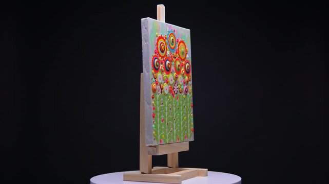 Gallery display of unique style art works set hand made by artist. Floral still life with flowers blooming and petals made of acrylic paint circles shapes and forms with petals. Collage on canvas.