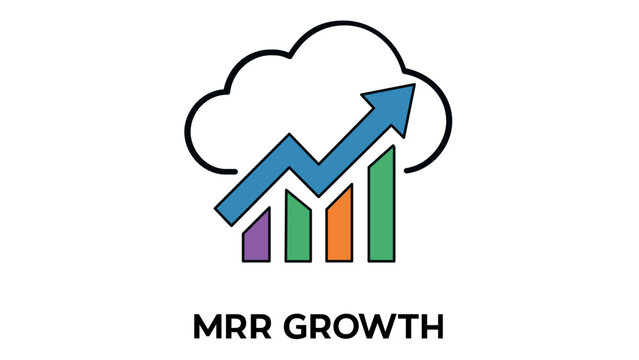 SaaS MRR growth vector icon illustration featuring a cloud with a rising bar chart and upward arrow, symbolizing cloud computing business success, financial metrics, revenue scaling, and data.