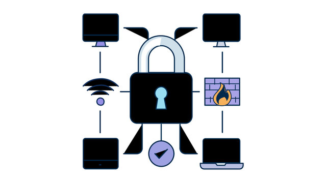 SaaS security vector icon illustration featuring a central padlock connected to computer monitors, Wi-Fi, firewall, and checkmark, representing cloud data protection and network safety systems.
