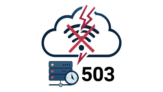 Professional 503 Service Unavailable Error Vector Illustration Icon for SaaS Platforms, Featuring a Cloud with Crossed-Out Wi-Fi Signal, Lightning Bolt, Server Rack, and Clock Graphic.