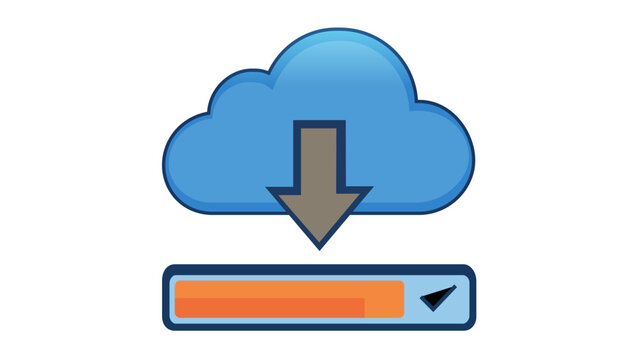 Software deployment vector icon illustration featuring a blue cloud with a downward arrow and a progress bar with a checkmark, symbolizing cloud computing, SaaS platform updates, and data storage.