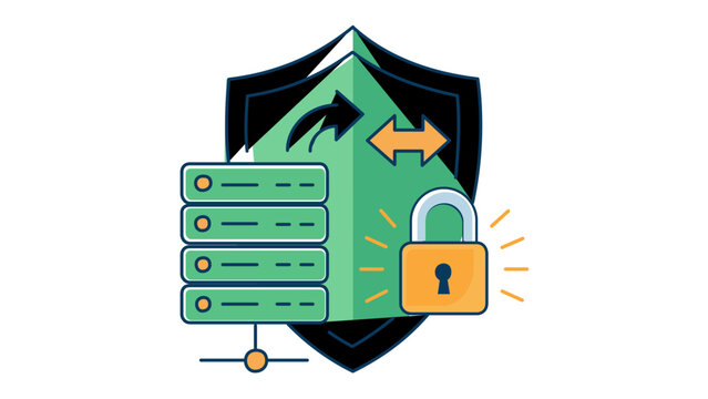 SaaS security vector icon illustration with a green shield, server rack, and yellow padlock representing data protection, cloud computing safety, network privacy, and secure information transfer.