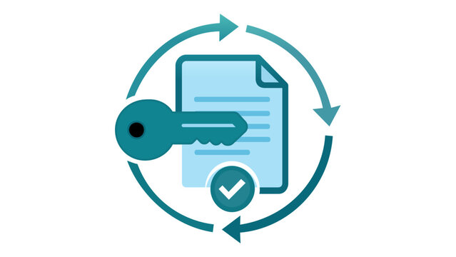 Vector illustration of a subscription model icon for SaaS platforms, featuring a document with a key and circular renewal arrows, symbolizing secure access and recurring service management.