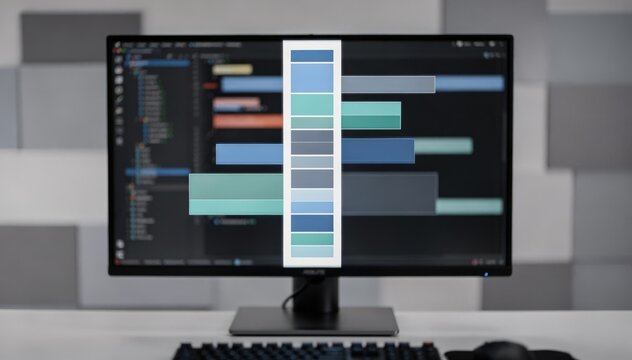 Desktop IDE medium shot with AIpowered inline code completions highlighted foreground elements crisp while the supporting UI components softly fade out.