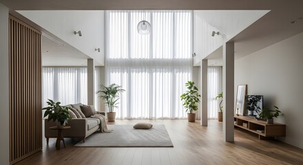 Fototapeta premium Modern Living Room with Large Windows and Plants