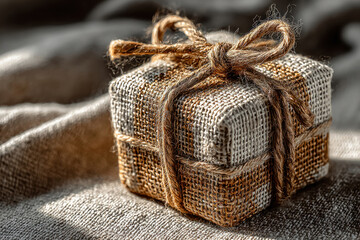 Obraz premium Rustic Gift Box Wrapped in Burlap with Twine Natural Texture Close Up