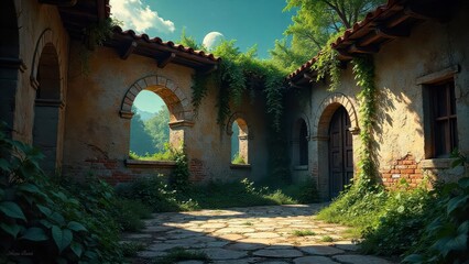Fototapeta premium Enigmatic Courtyard of an Old Stone Structure, Overgrown with Lush Greenery Under a Serene Moonlit Sky
