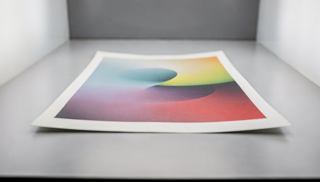 Closeup on a coloraccurate light booth in neutral mode focusing on a printed proof with subtle shadows highlighting color consistency while the surroundings remain out of focus.
