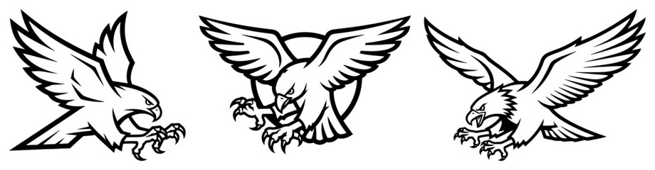 Obraz premium Eagle mascot set flying and attacking in black and white logo style