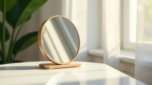 Sunlight illuminates a minimalist wooden vanity mirror resting on a pristine white surface