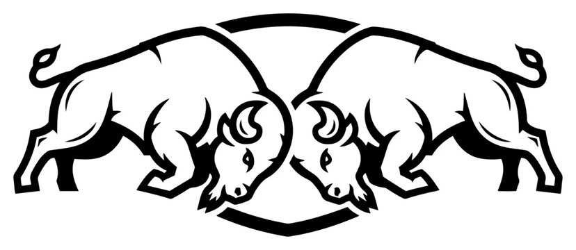 Two bulls clashing horns inside circular frame in sports mascot style