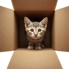 Fototapeta premium Curious kitten peeking from cardboard box minimal setup