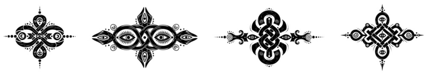 Fototapeta premium Symmetrical tribal ornaments with celtic knots and mystical eye symbols in ethnic style