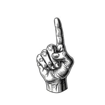 anatomically accurate human hand pointing gesture, isolated on transparent, vintage retro black and white woodcut engraving style, fine cross-hatching texture, extreme contrast. concept of direction