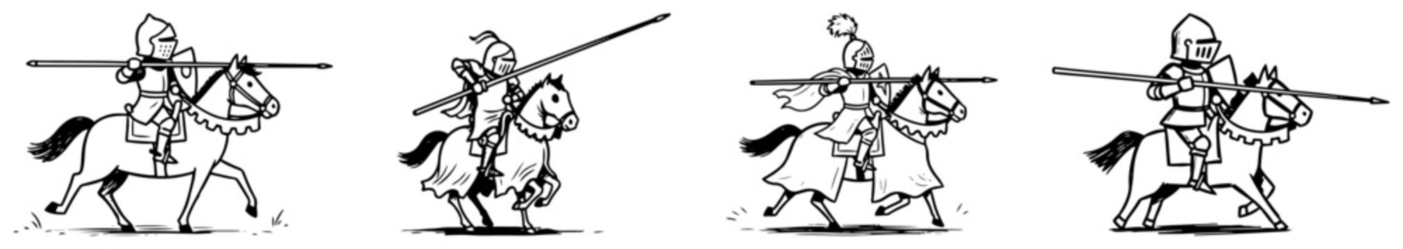 Medieval knights on horseback charging with lances in simple black line art doodle style