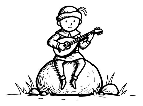 Medieval bard sitting on a rock playing lute in black and white sketchy line art style