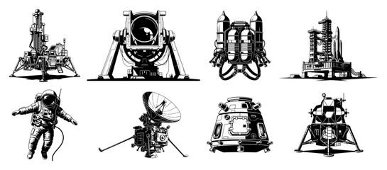 Space exploration equipment set with astronaut and lunar lander in detailed graphic style © Logan